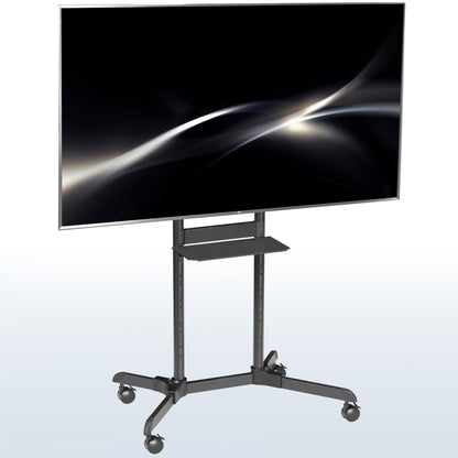 Mobile TV mount cart with media shelf and locking wheels. Stand features height adjustment, articulation, and a built-in cable management system.