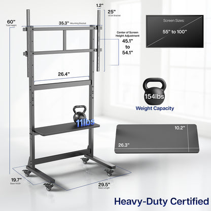 55"-100" TV Heavy Duty Mobile TV Cart with Storage Shelf Measurements and Weight Capacity 