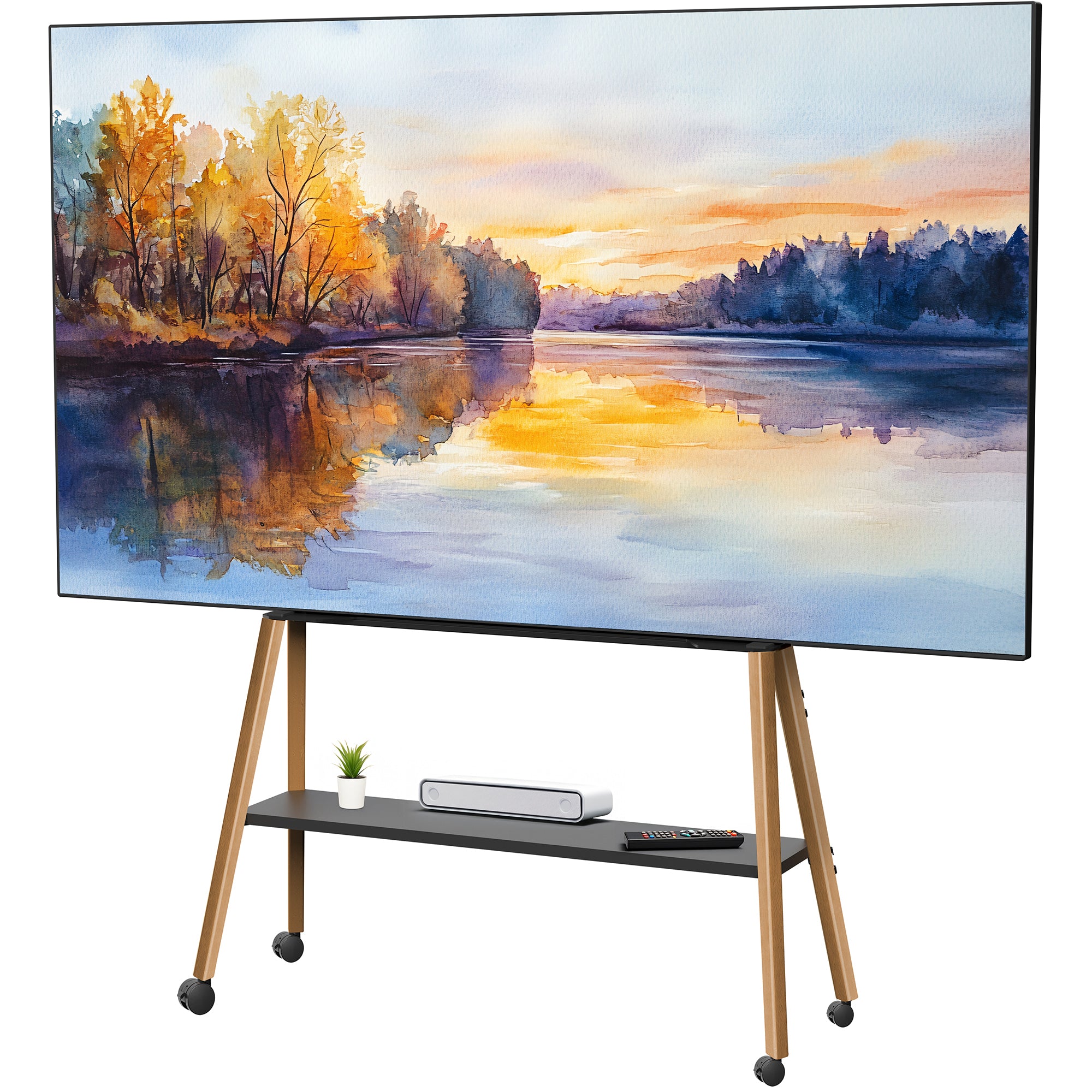 A large flat-screen TV on a wheeled stand with a black shelf and wooden legs, shown against a plain white background. The screen displays a colorful landscape painting of a lake at sunset.