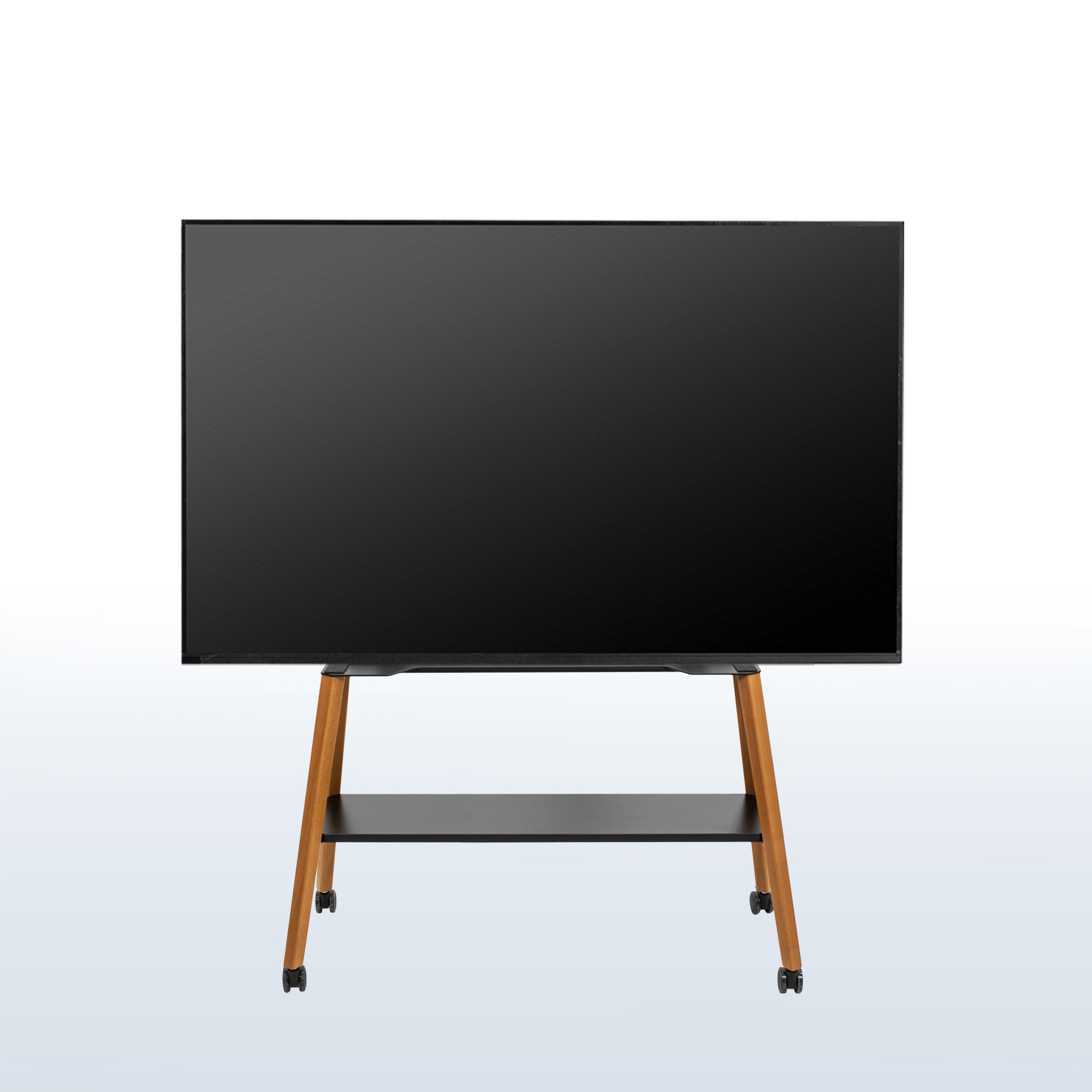 This rolling artistic easel 49 to 75 inch LED LCD screen mobile studio TV display stand is for home theatres, trade shows, schools, and more.