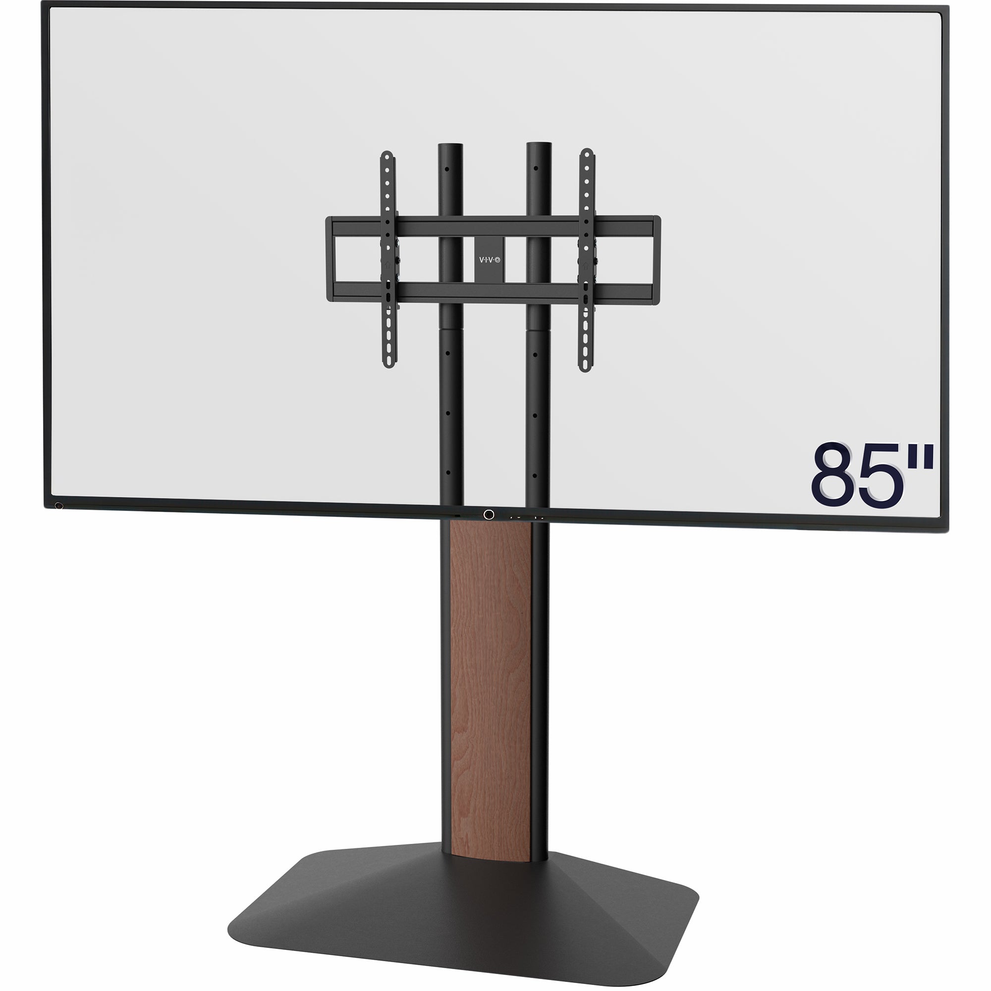 A black freestanding TV stand with a brown wooden accent.