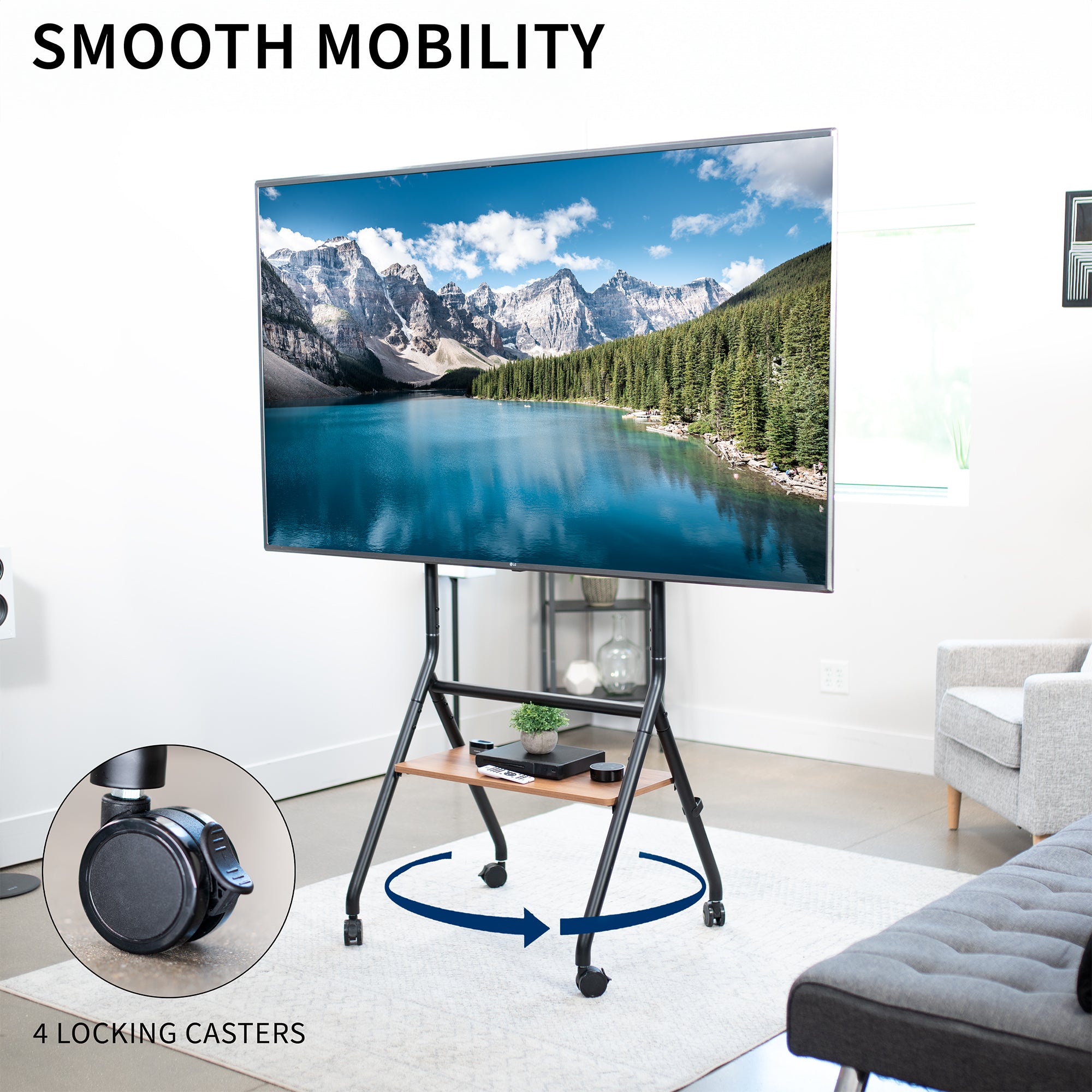 Mobile Heavy-Duty Height Adjustable Studio TV Cart for large screens that can be used in the home and office.