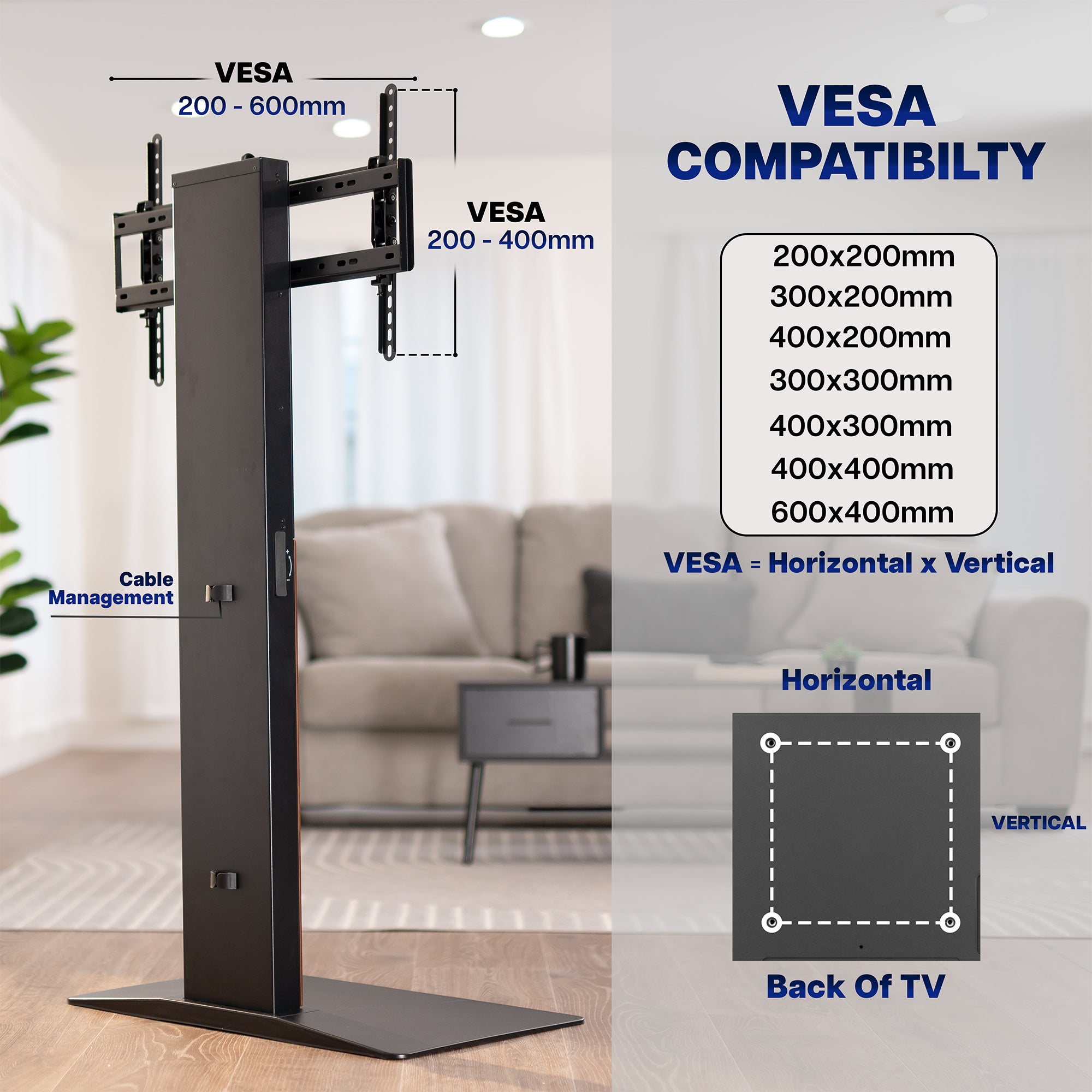 TV Floor Stand with VESA compatibility diagram in a living room setting