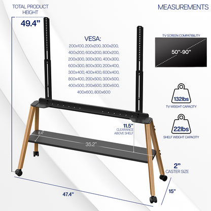 A modern TV easel measurement diagram showing a black TV stand with wooden legs and caster wheels, labeled with dimensions including total product height of 49.4 inches, VESA compatibility, TV screen compatibility, weight and shelf weight capacity, and base dimensions.
