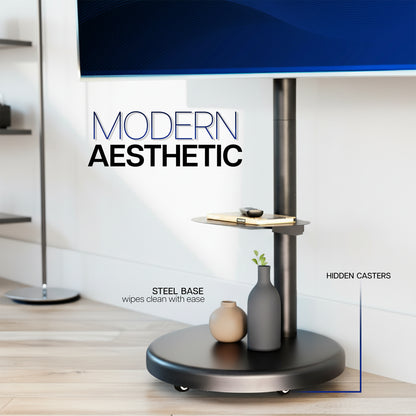 Modern, mobile TV Stand with 'Modern Aesthetic' text, steel base, and hidden casters in a minimalistic setting.