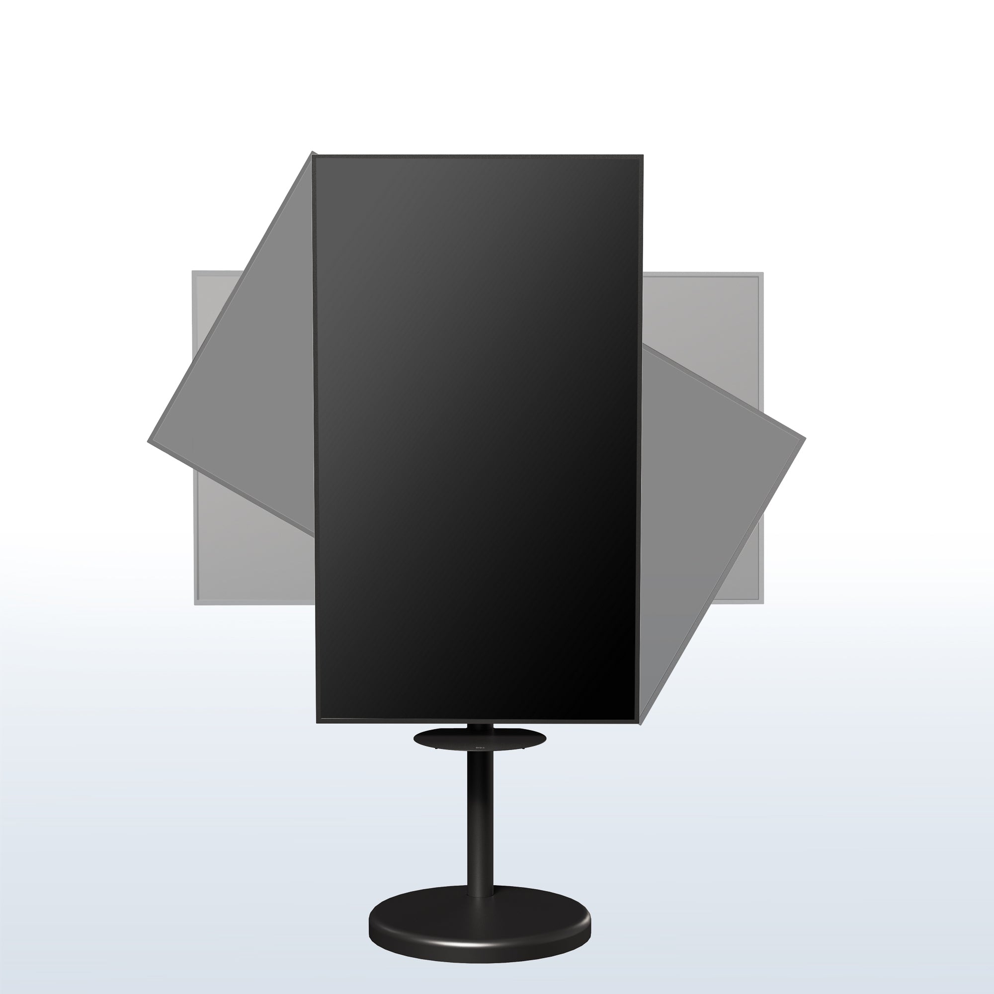 Mobile TV stand with shelf featuring height adjustment, tilt, swivel, rotation, and built-in cable management.