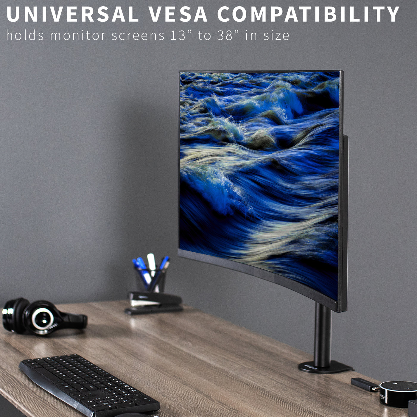 Sturdy adjustable single monitor ergonomic desk mount with universal VESA compatibility.