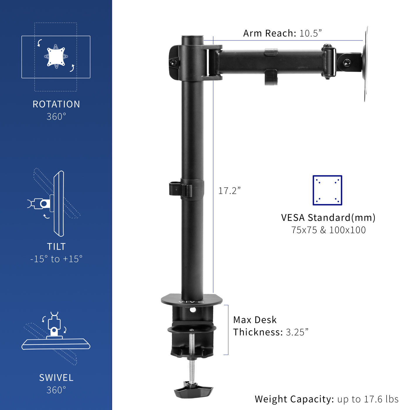 Adjustable monitor mount with a quick attach C-clamp and optional grommet desk mount attach.