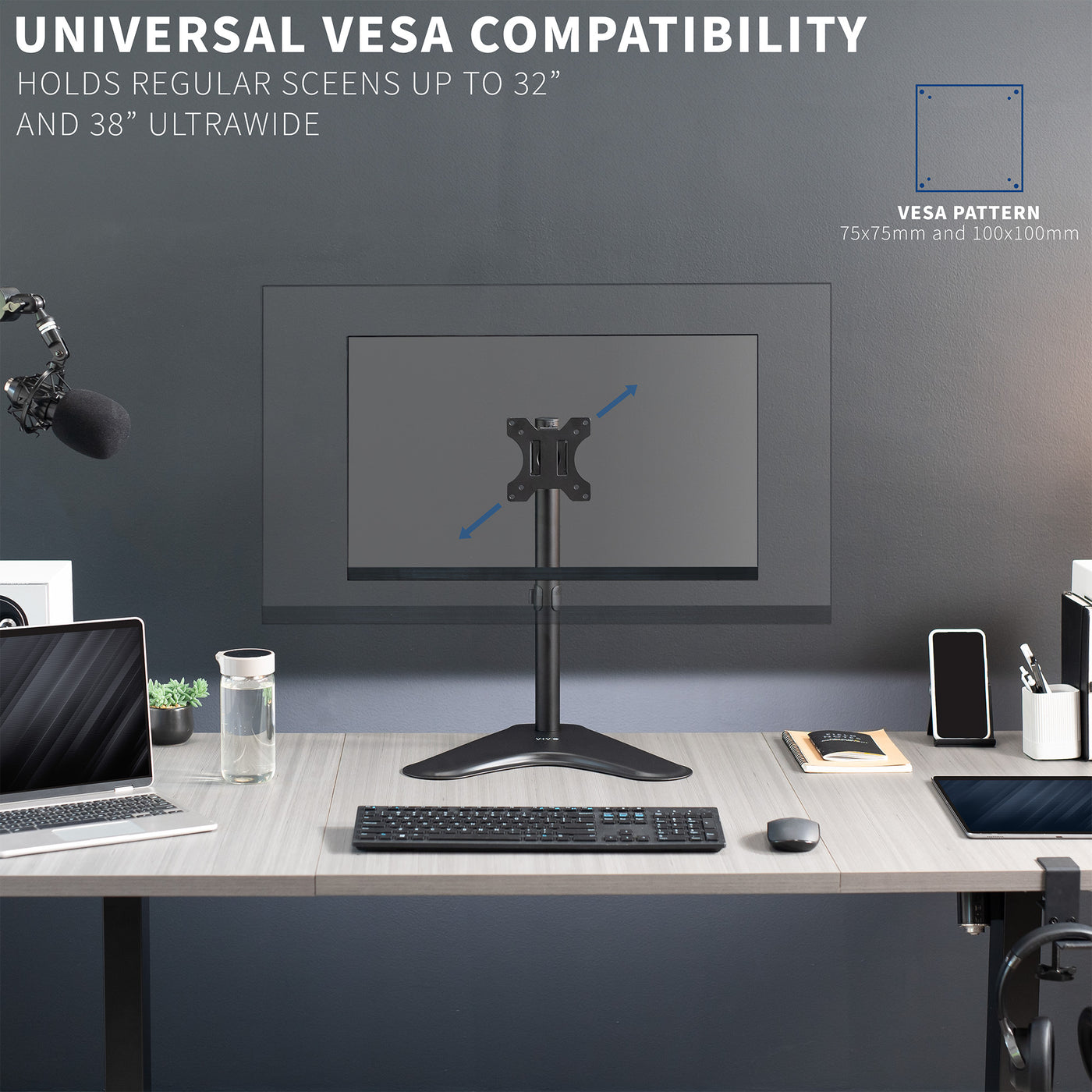 Universal compatibility, holds regular screens up to 32" and 38" ultrawide