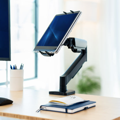 Single Mechanical Arm Desk Mount for Tablets, 2-in-1 Laptops, Portable Monitors