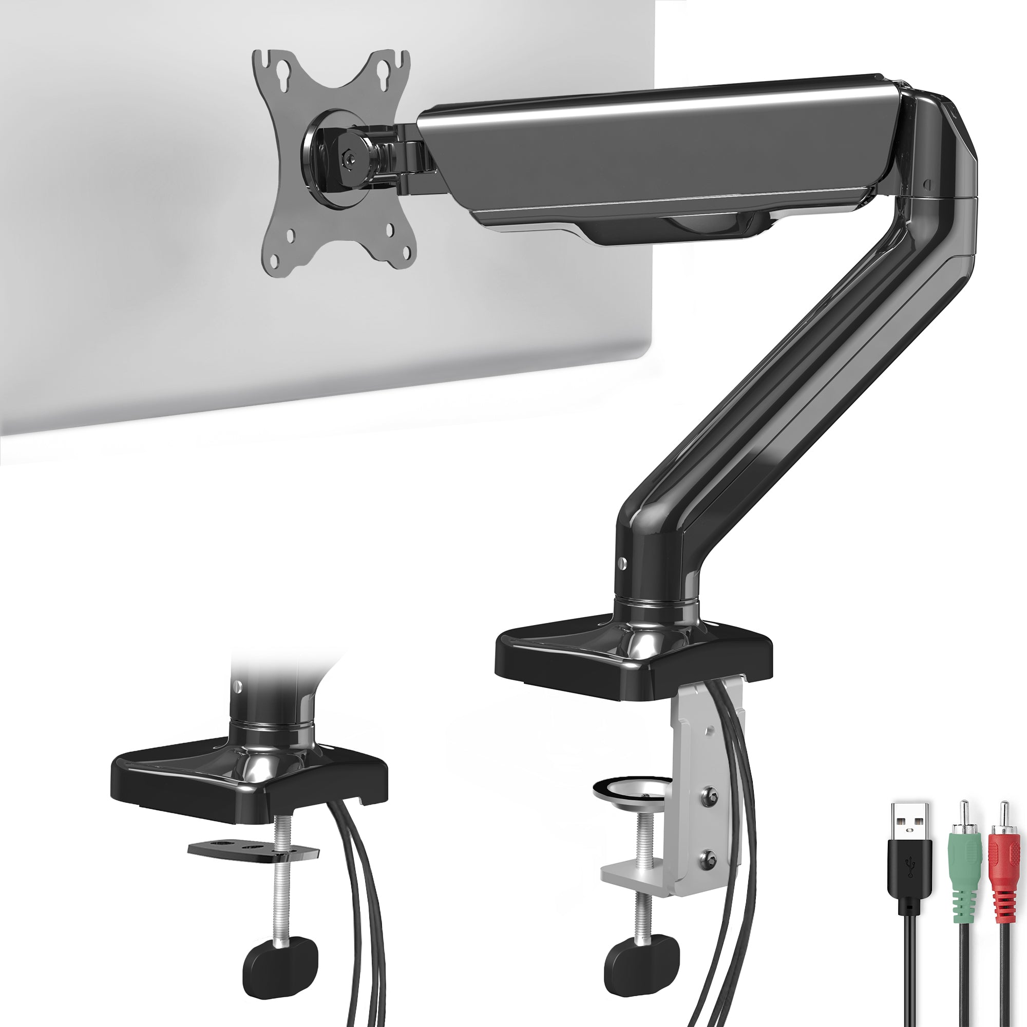 Sturdy clamp-on pneumatic arm single monitor desk mount with USB ports and audio ports, articulation, height adjustment, and cable management.