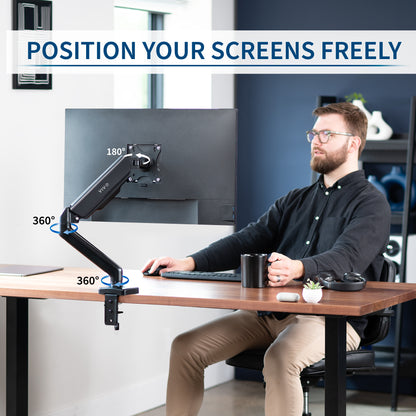 Sturdy clamp-on pneumatic arm single monitor desk mount with USB ports and audio ports, articulation, height adjustment, and cable management.