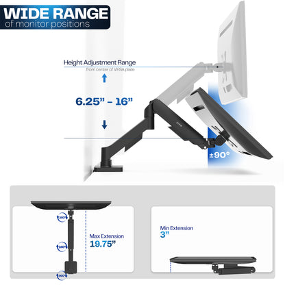 Mechanical Arm Single 17" to 32" Monitor Desk Mount with height adjustment range and desk support on a white background
