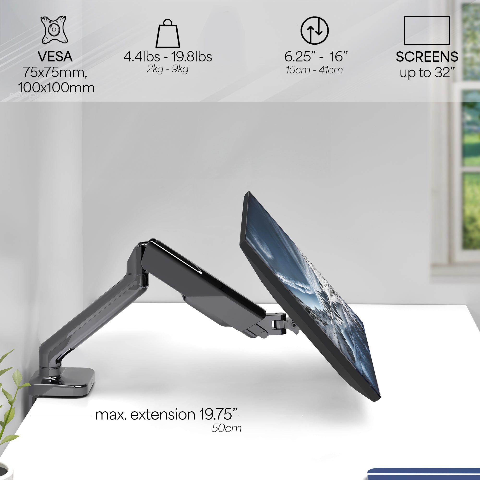 Sturdy clamp-on mechanical arm single monitor desk mount with articulation, height adjustment, and cable management.