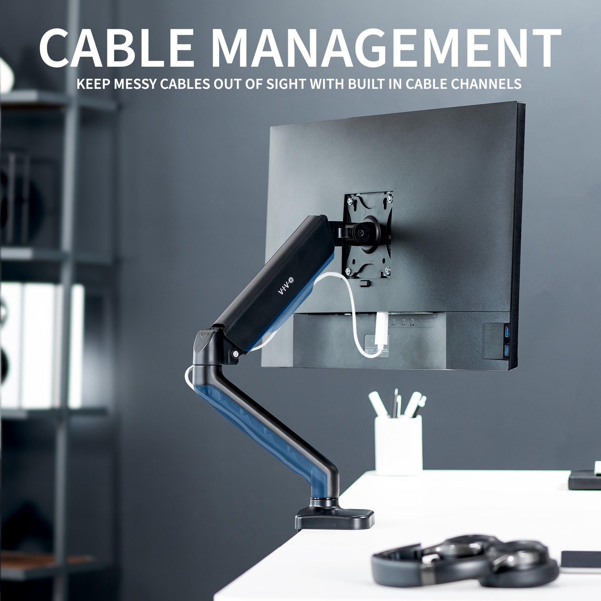 Sturdy clamp-on mechanical arm single monitor desk mount with articulation, height adjustment, and cable management.