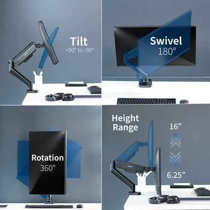 Sturdy clamp-on mechanical arm single monitor desk mount with articulation, height adjustment, and cable management.