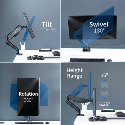 Sturdy clamp-on pneumatic arm single monitor desk mount with articulation, height adjustment, and cable management.