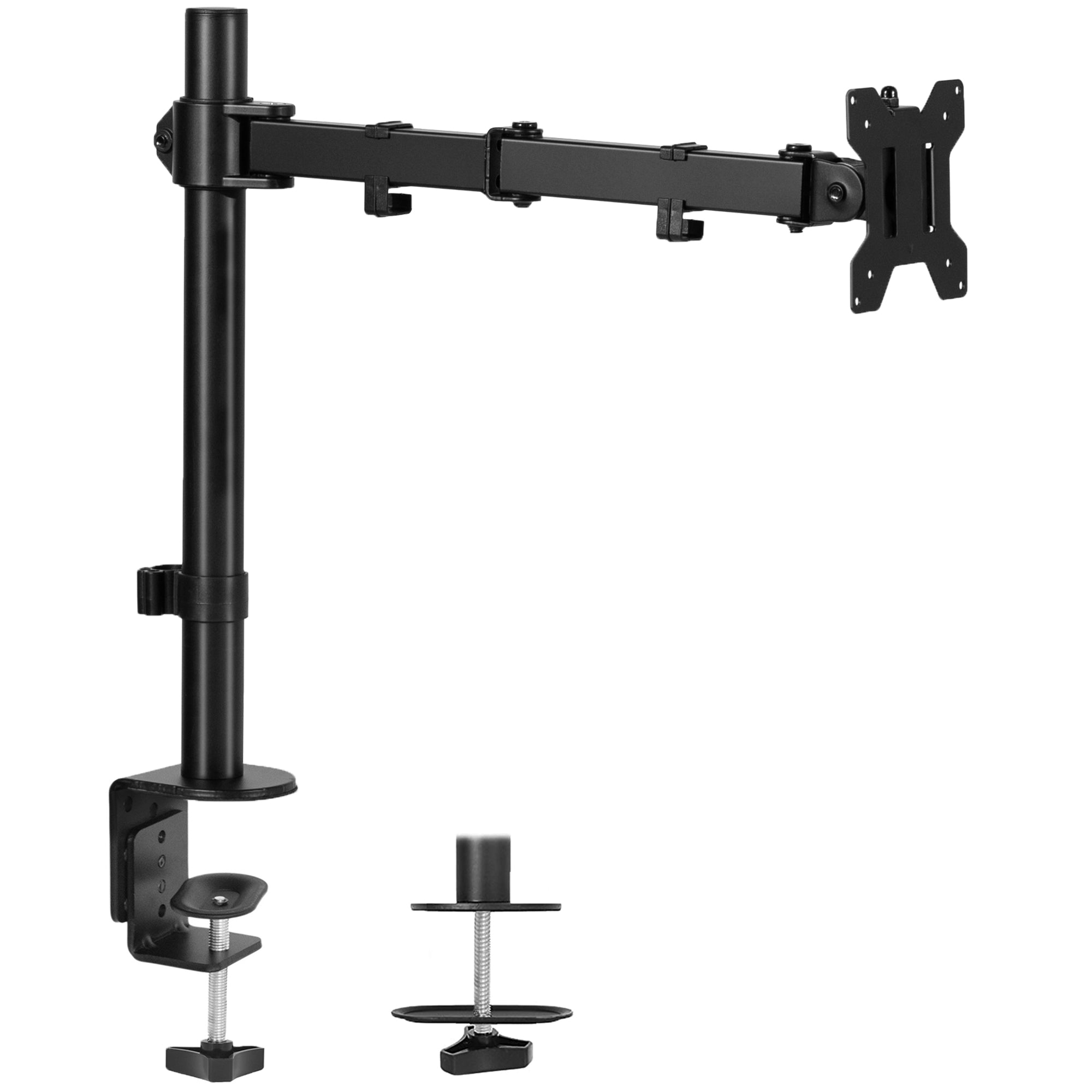 Black adjustable monitor stand on a white background