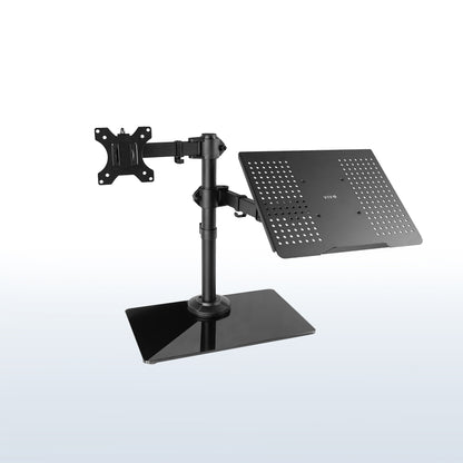 Freestanding monitor and laptop stand with elegant glass base for dual screen viewing and ergonomic placement.