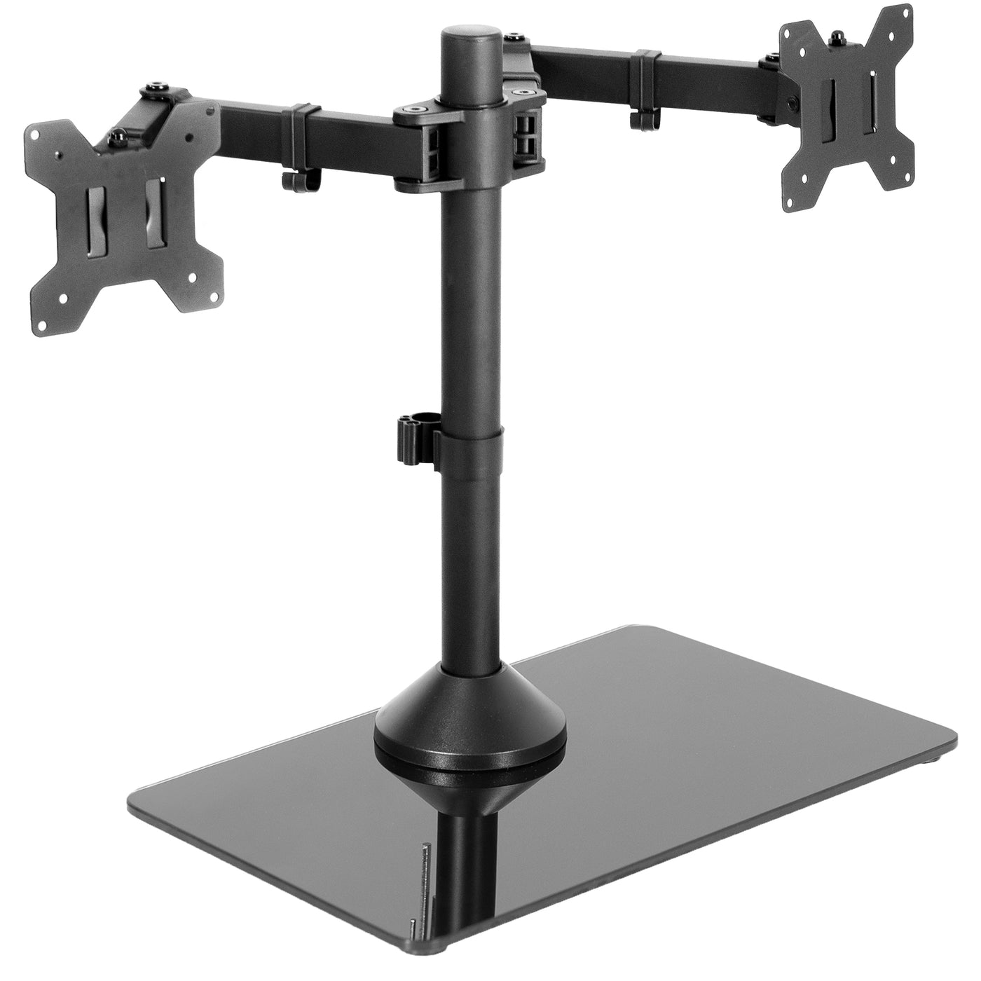 Enhance your work day with this high-grade steel stand built for scratch resistance and security. Designed with user-geared features such as arm articulation, removable VESA mounting plates, adjustable monitor height, integrated cable management, and more, this mount is customizable to your particular office needs.