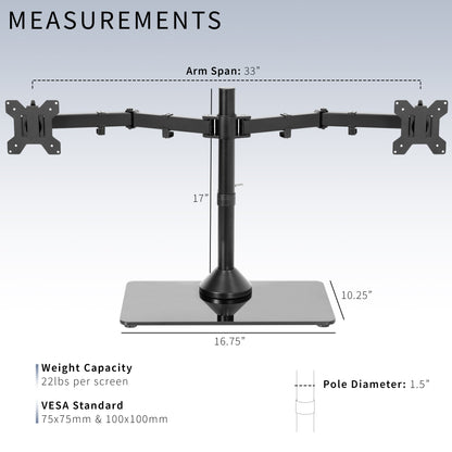 Enhance your work day with this high-grade steel stand built for scratch resistance and security. Designed with user-geared features such as arm articulation, removable VESA mounting plates, adjustable monitor height, integrated cable management, and more, this mount is customizable to your particular office needs.