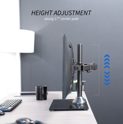 Enhance your work day with this high-grade steel stand built for scratch resistance and security. Designed with user-geared features such as arm articulation, removable VESA mounting plates, adjustable monitor height, integrated cable management, and more, this mount is customizable to your particular office needs.