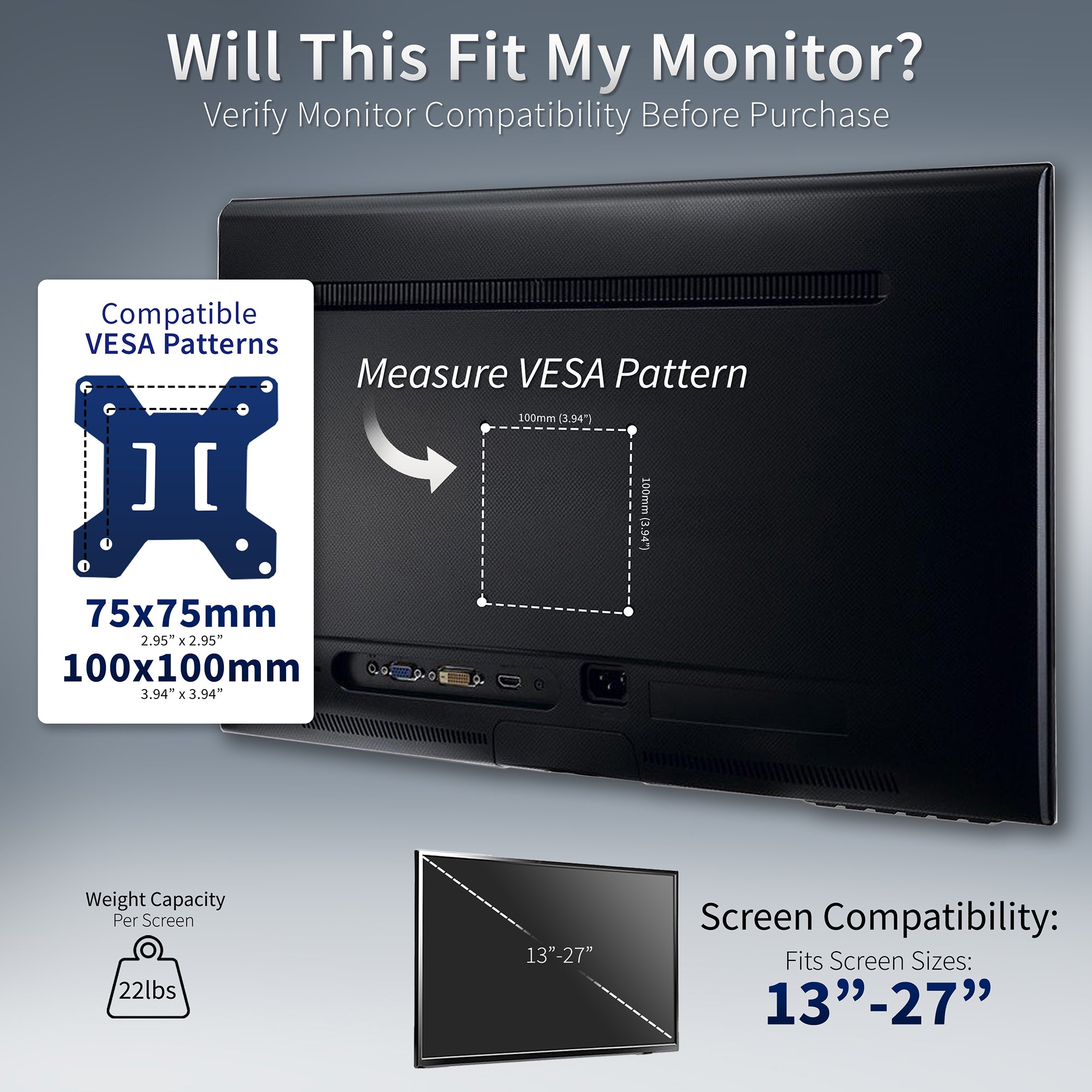 Sturdy adjustable dual monitor stand for screens 13" - 27"