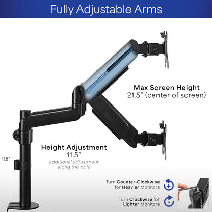 Sturdy adjustable pneumatic arm dual monitor ergonomic desk stand for office workstation.