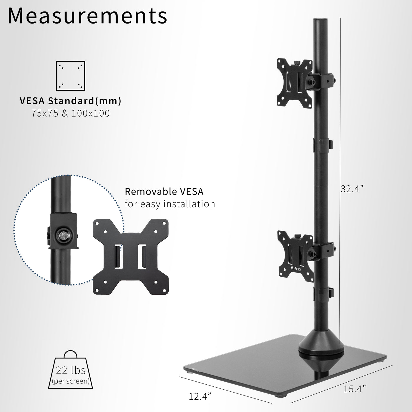 Tall dual monitor desk stand for stacked array with sturdy glass base.