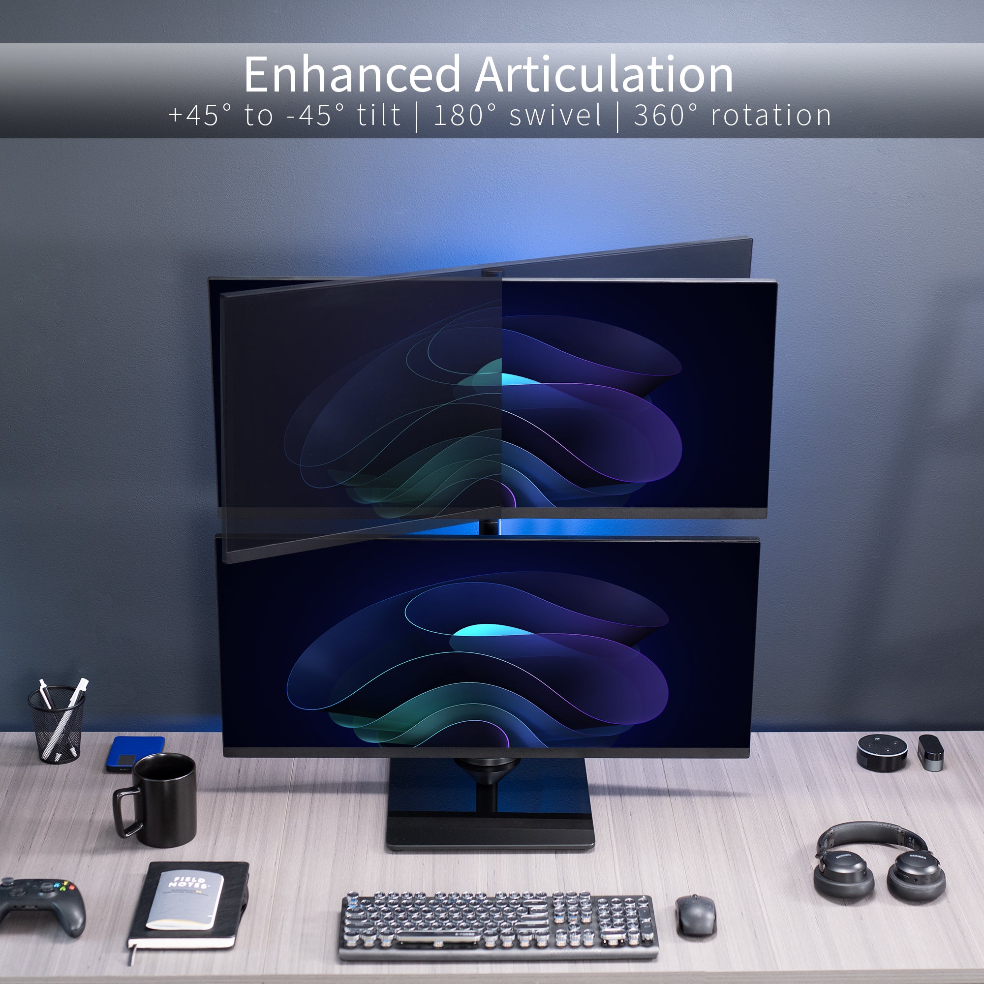 Tall dual monitor desk stand for stacked array with sturdy glass base and articulation.