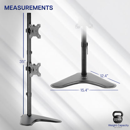 Black adjustable monitor stand with measurements on a light gray background