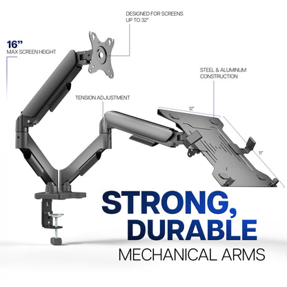 Mechanical Arm Single Monitor and Laptop Desk Mount - Up to 32" Screens, 15.6" Laptops