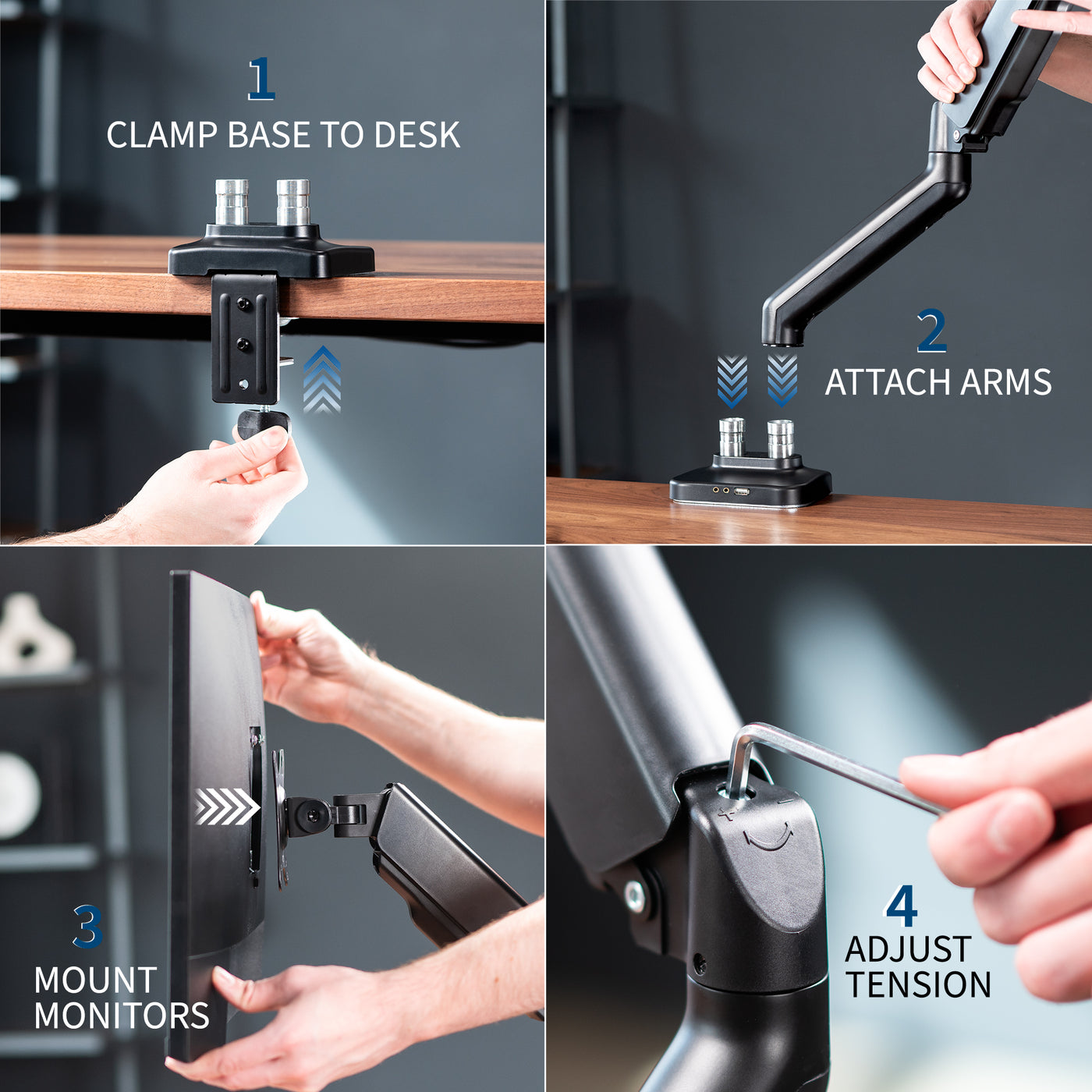 Sturdy adjustable pneumatic arm dual monitor ergonomic desk stand for office workstation with USB ports.