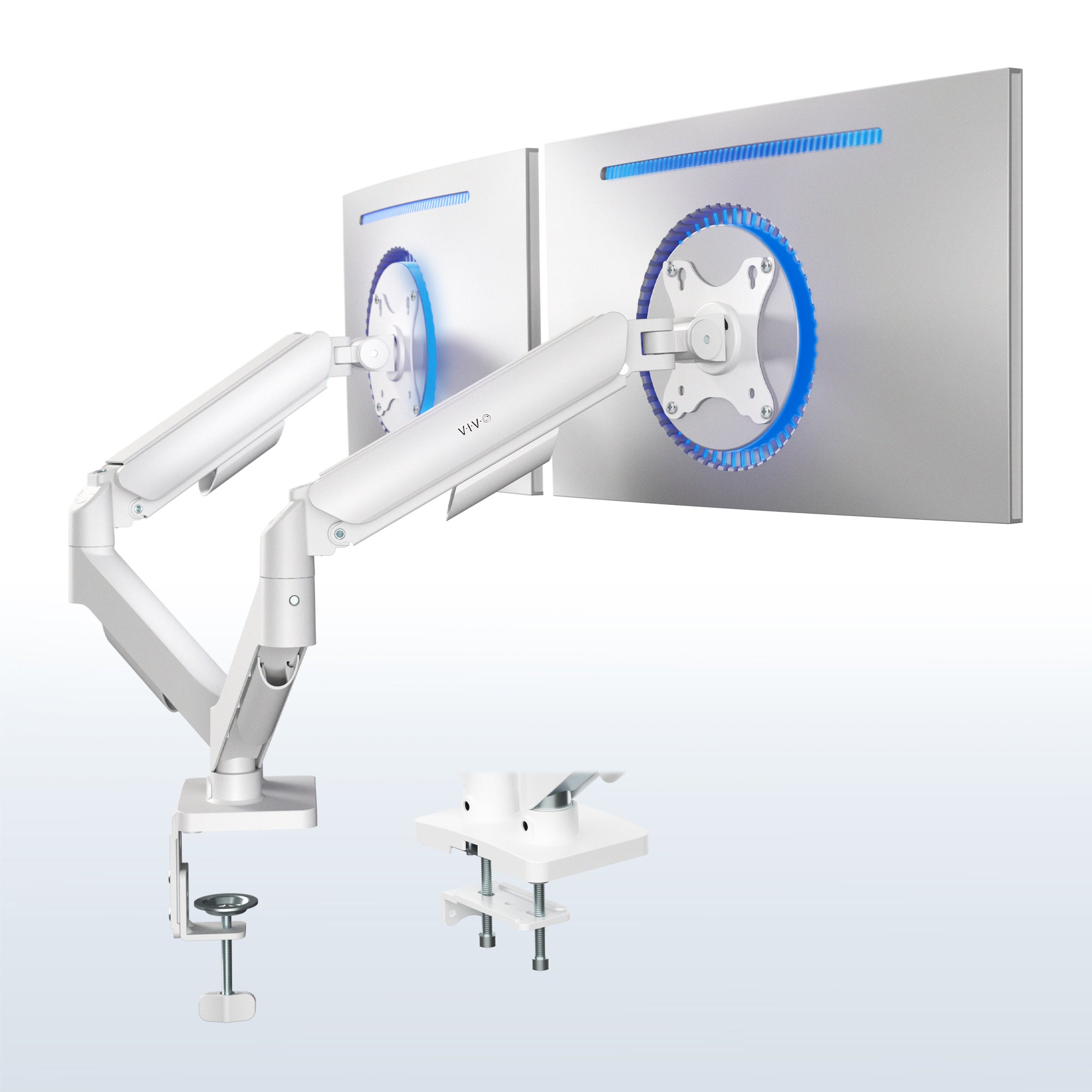 White adjustable dual monitor arm with dual monitors on a white and blue gradient background