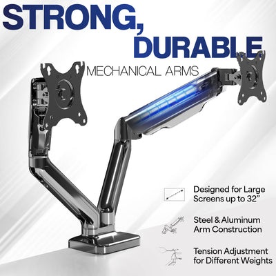 Sturdy adjustable mechanical arm dual monitor ergonomic desk stand for office workstation.