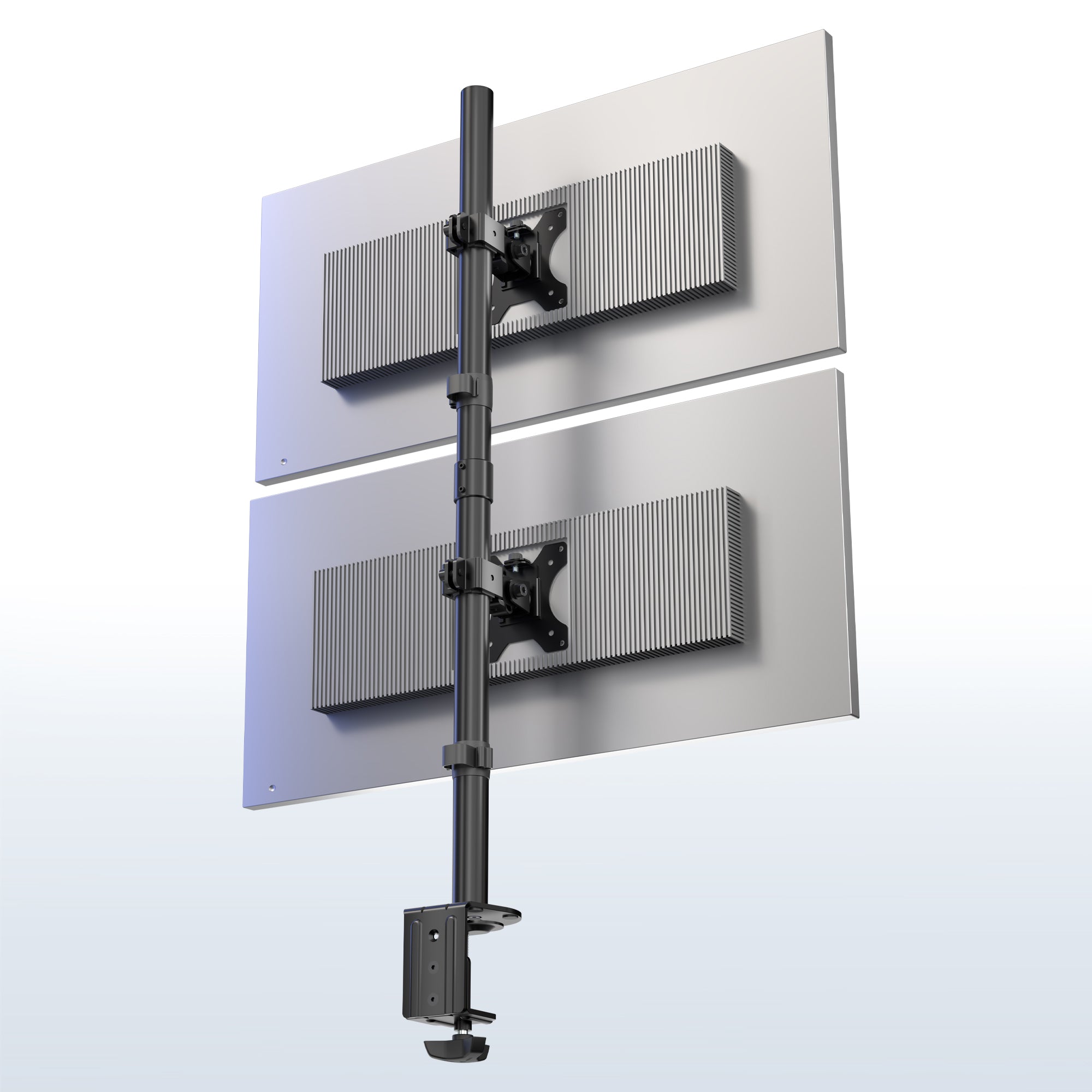 Dual monitor stand with two monitors on a white and blue gradient background