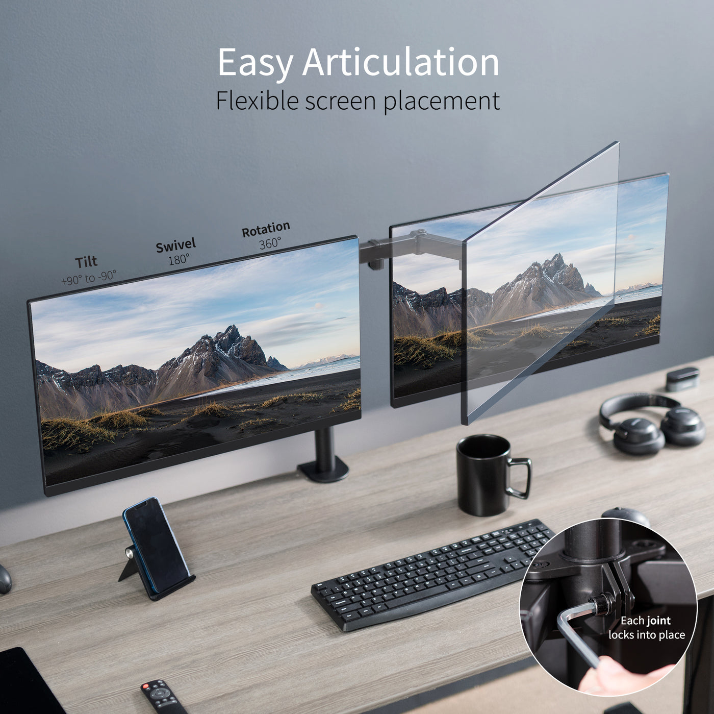 Dual monitor mount with universal VESA patterns and grommet clamp features easy screen articulation for comfortable viewing.