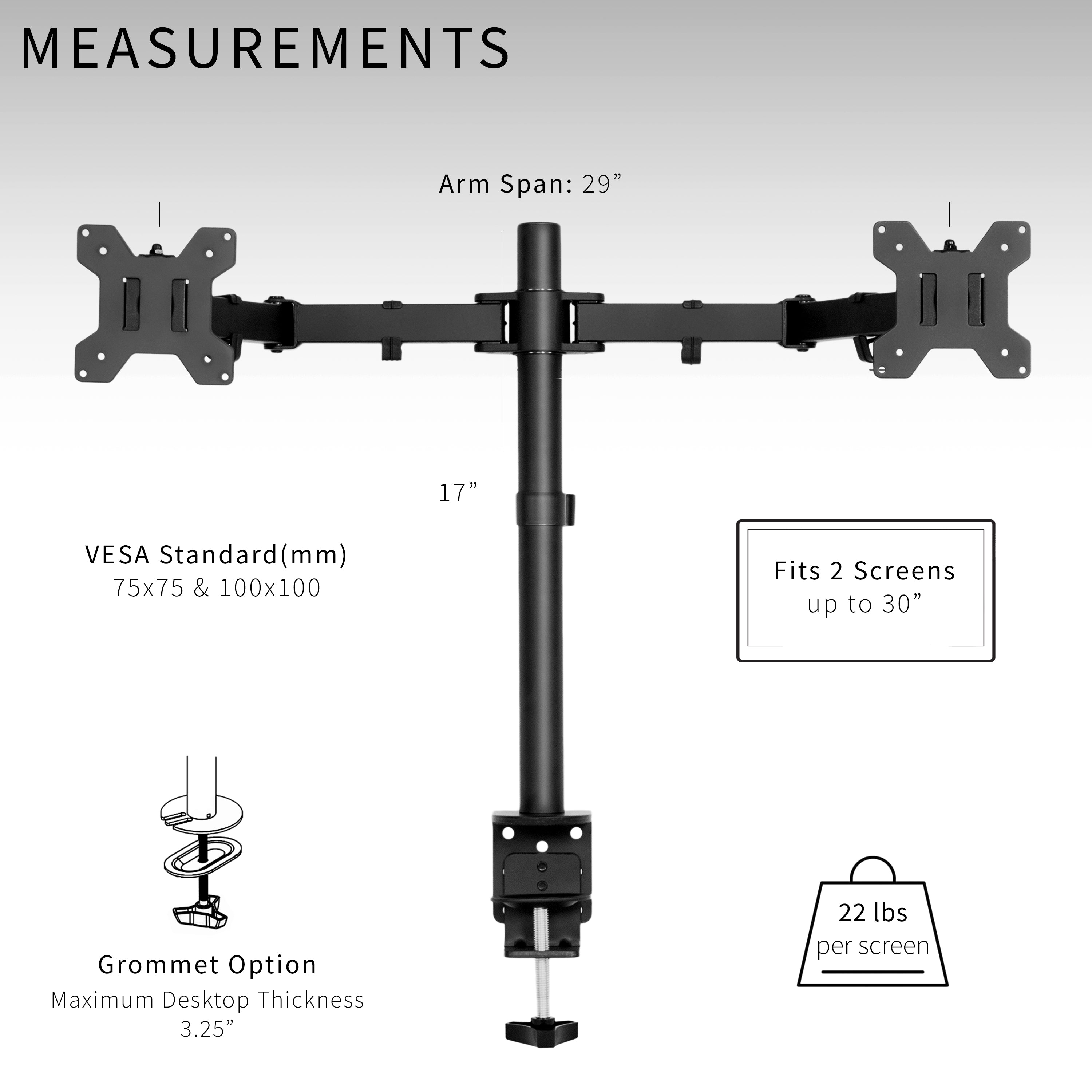 Sturdy adjustable dual monitor ergonomic desk mount for office workstation.