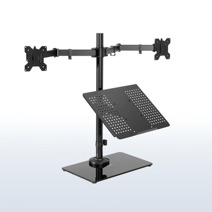 Freestanding dual monitor and laptop stand with elegant glass base for optimal viewing and ergonomic placement.