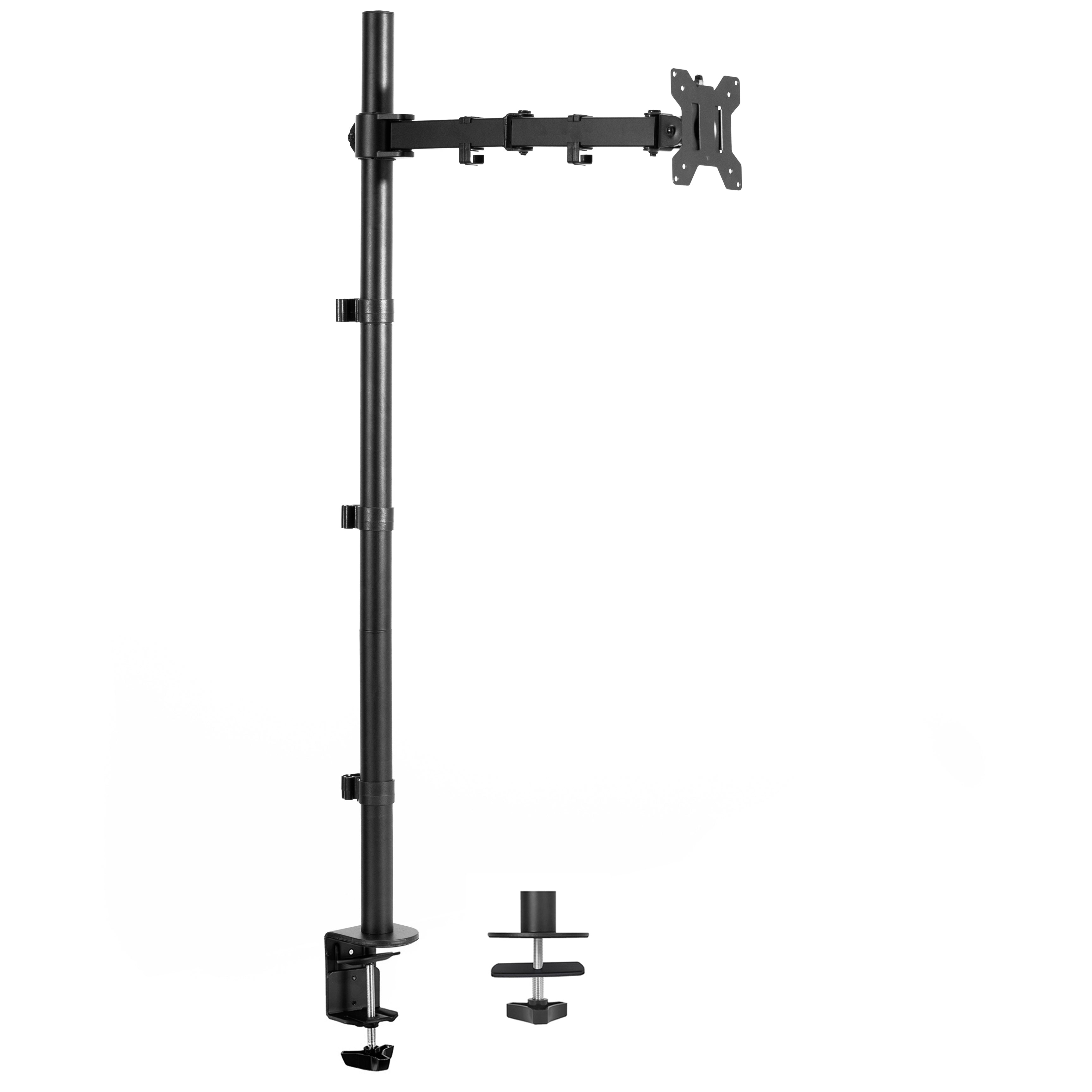 Extra tall desk mount for single monitor provides sit or stand application for the user, flexible viewing angles, and tall screen placement.