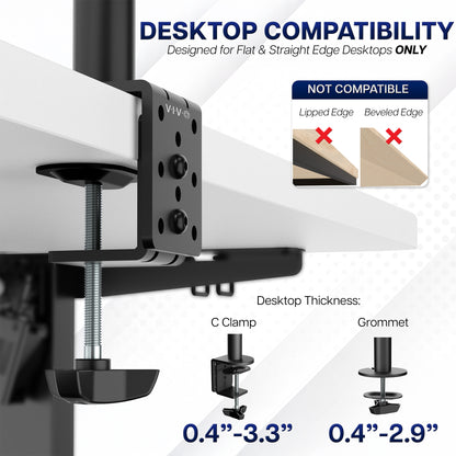 Dual monitor stand with compatibility details for flat and straight edge desktops.