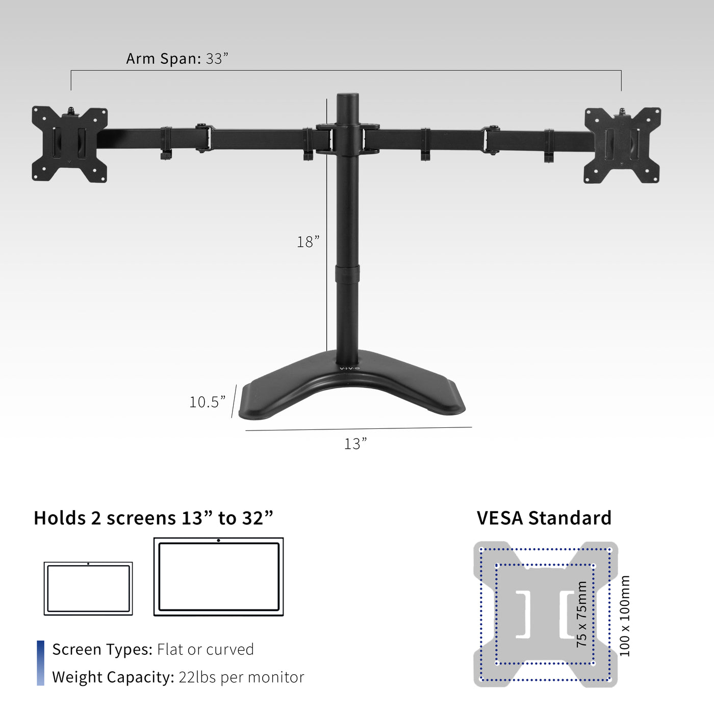Make sure the monitors do not extend past the center of the base to ensure balance.