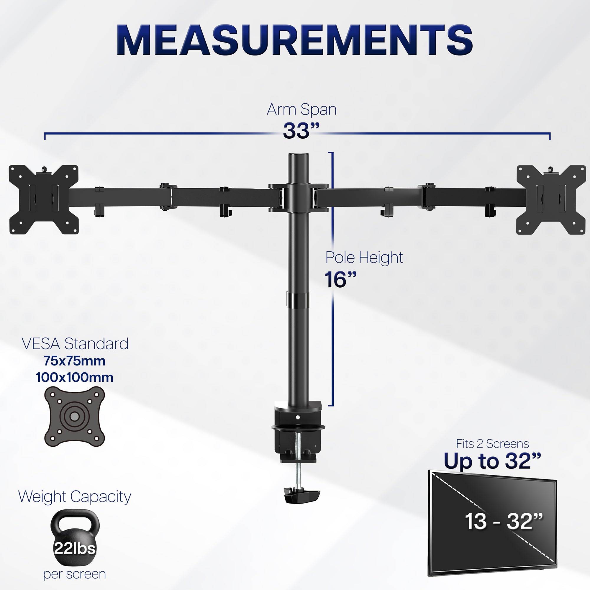 Dual Monitor Mount with measurements on a white background