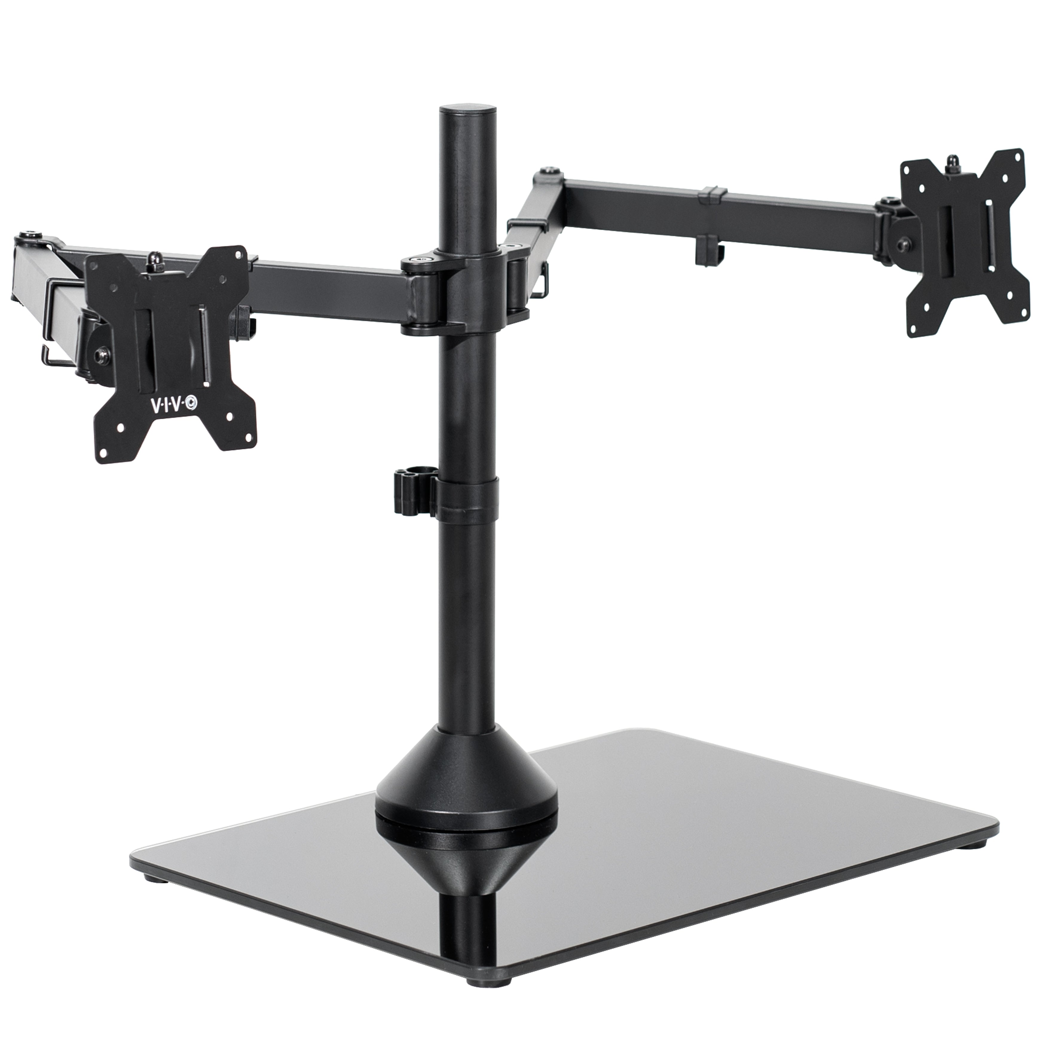 Enhance your work day with this high-grade steel stand built for scratch resistance and security. Designed with user-geared features such as arm articulation, removable VESA mounting plates, adjustable monitor height, integrated cable management, and more, this mount is customizable to your particular office needs.