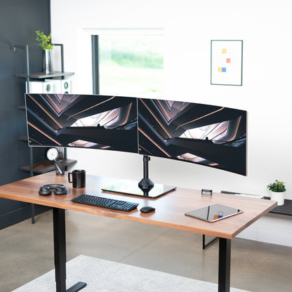 Enhance your work day with this high-grade steel stand built for scratch resistance and security. Designed with user-geared features such as arm articulation, removable VESA mounting plates, adjustable monitor height, integrated cable management, and more, this mount is customizable to your particular office needs.