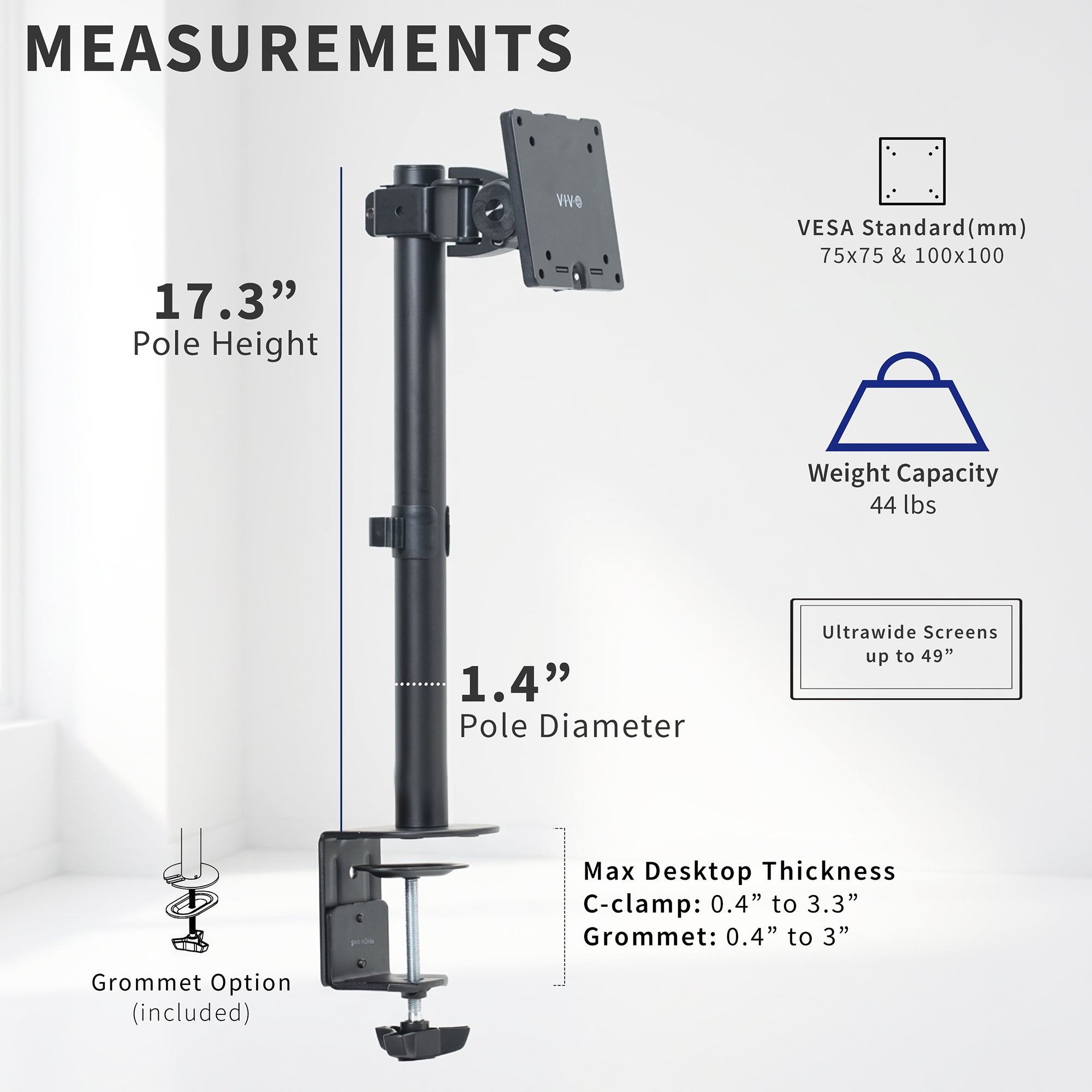 A black monitor arm with a wall mount and C-clamp base shown on a light gray background with measurement callouts, including pole height of 17.3 inches, pole diameter of 1.4"