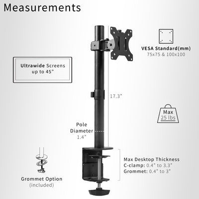 Single ultrawide monitor mount for large screens to be held at a comfortable viewing angle.