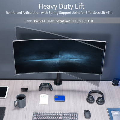 Single ultrawide monitor mount for large screens to be held at a comfortable viewing angle.