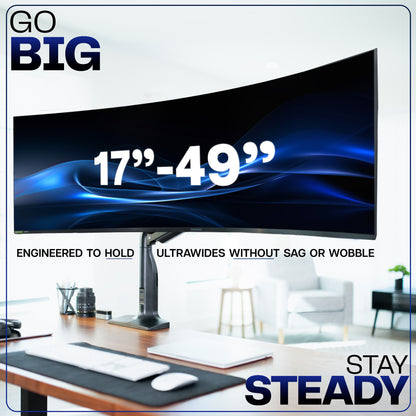 Monitor with text indicating size range and stability features, set against a blurred office background.