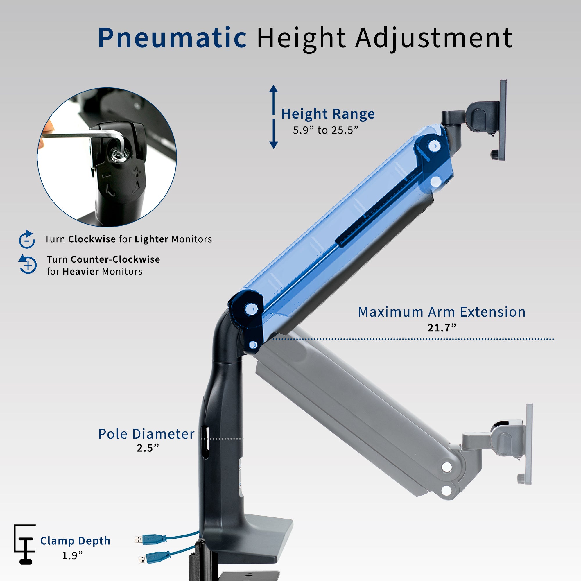 Sturdy adjustable pneumatic arm single ultrawide monitor ergonomic desk mount with USB ports for office workstation.